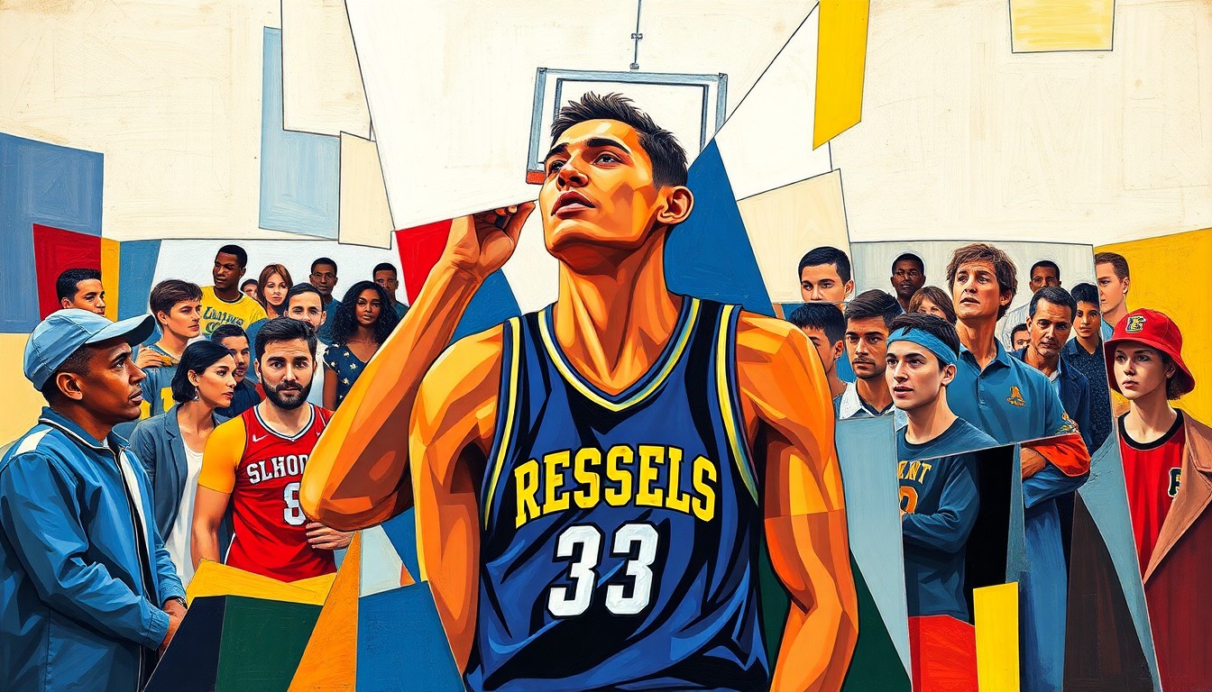 A cubist, geometric painting depicting a high school basketball player's signing ceremony, with sharp, overlapping planes of color representing the energy and excitement of the event.