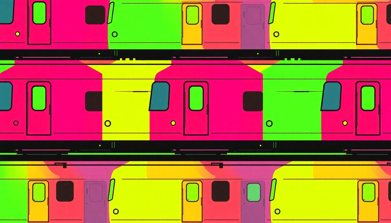 A brightly colored, high-contrast silkscreen print of a BART train icon repeated in a tight grid pattern, utilizing flat, vibrant, and unnatural neon color palettes overlapping with heavy black photographic outlines to turn the everyday commuter experience into modern pop art.