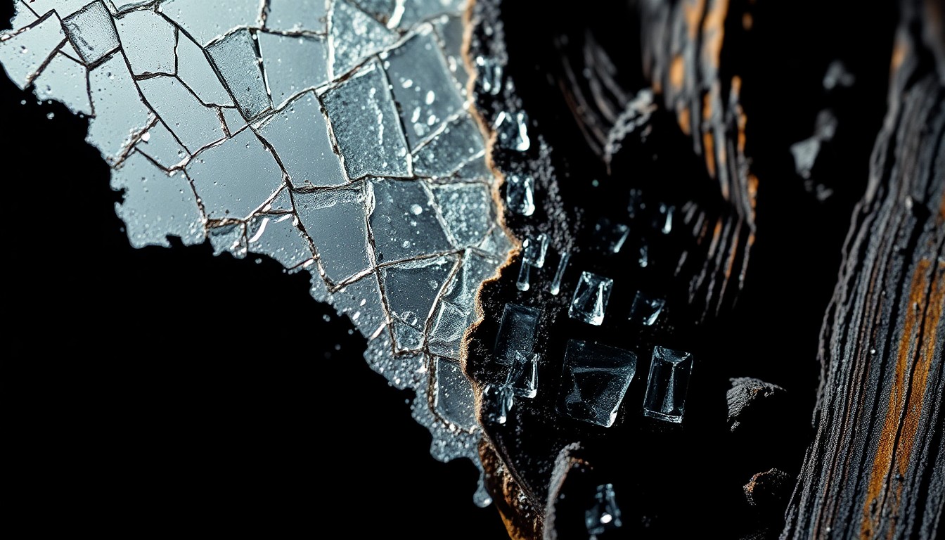 An abstract close-up image featuring jagged shards of glass and charred wooden debris, conveying the intense devastation caused by the Palisades fire through dramatic lighting and texture.