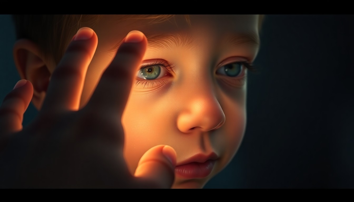 An abstract, high-contrast close-up photograph of a delicate, glowing hand tenderly touching the face of a child, evoking the mysterious and otherworldly nature of the film's central alien encounters.