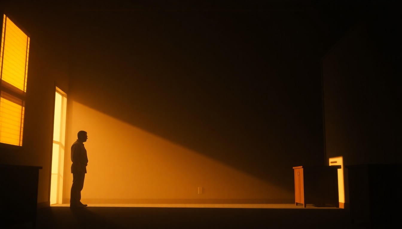 A cinematic, moody painting of a solitary government official standing in a dimly lit office, the figure silhouetted against warm, diagonal sunlight and deep shadows, conveying a sense of isolation and unease around the topic of immigration enforcement.