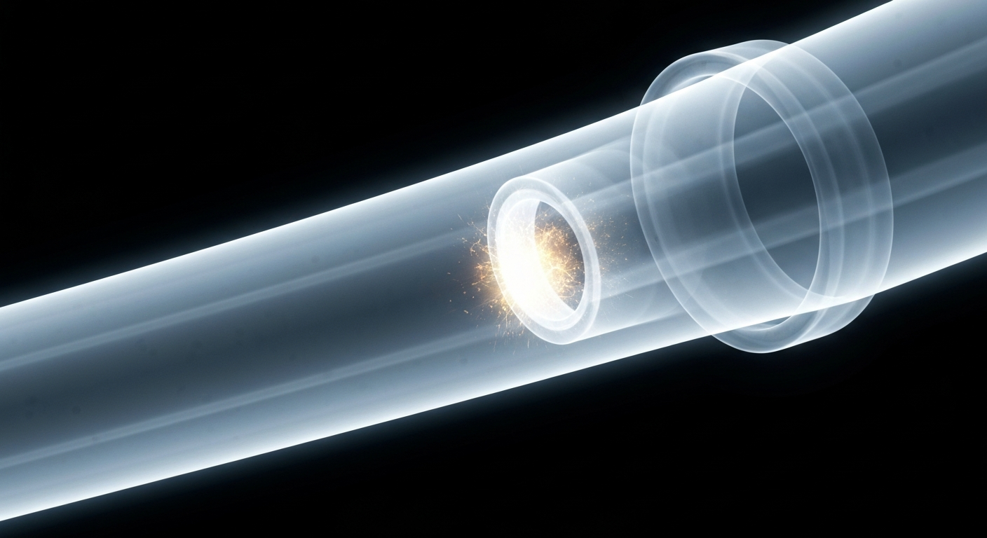 A ghostly, glowing X-ray image of the internal structure of a water pipe, conceptually representing the hidden danger of lead contamination in the city's drinking water supply.