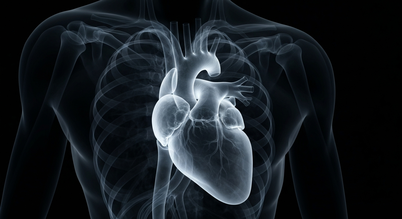 A ghostly, translucent X-ray image revealing the intricate structure of a human heart and circulatory system, conveying the fragility and importance of healthcare access.