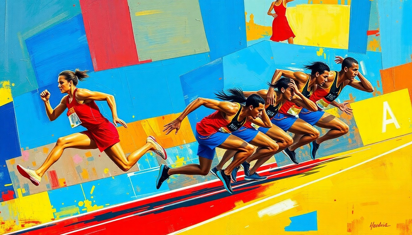 A cubist-style painting featuring fragmented, geometric shapes in bright colors representing various track and field events and athletes in motion, capturing the energy and dynamism of the Razorbacks' California competition.