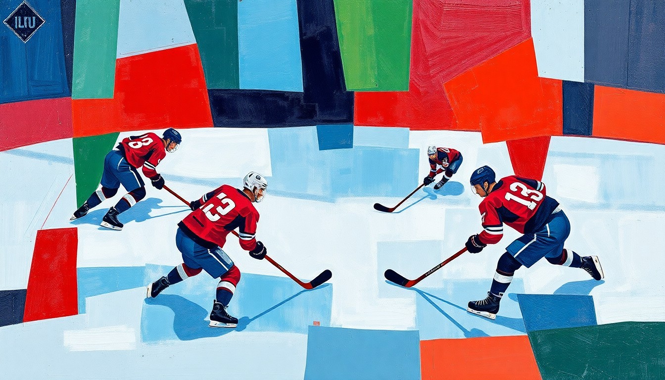 A fragmented, geometric painting depicting the dynamic movements and collisions of a hockey game, with players' bodies and equipment broken down into sharp, overlapping planes of color.