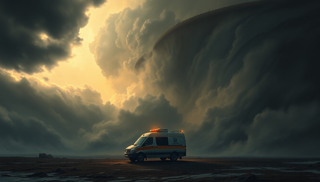 A sweeping, atmospheric landscape painting in muted tones of gray, blue, and green, with a small emergency response vehicle barely visible in the distance, dwarfed by the overwhelming scale of the stormy natural environment.