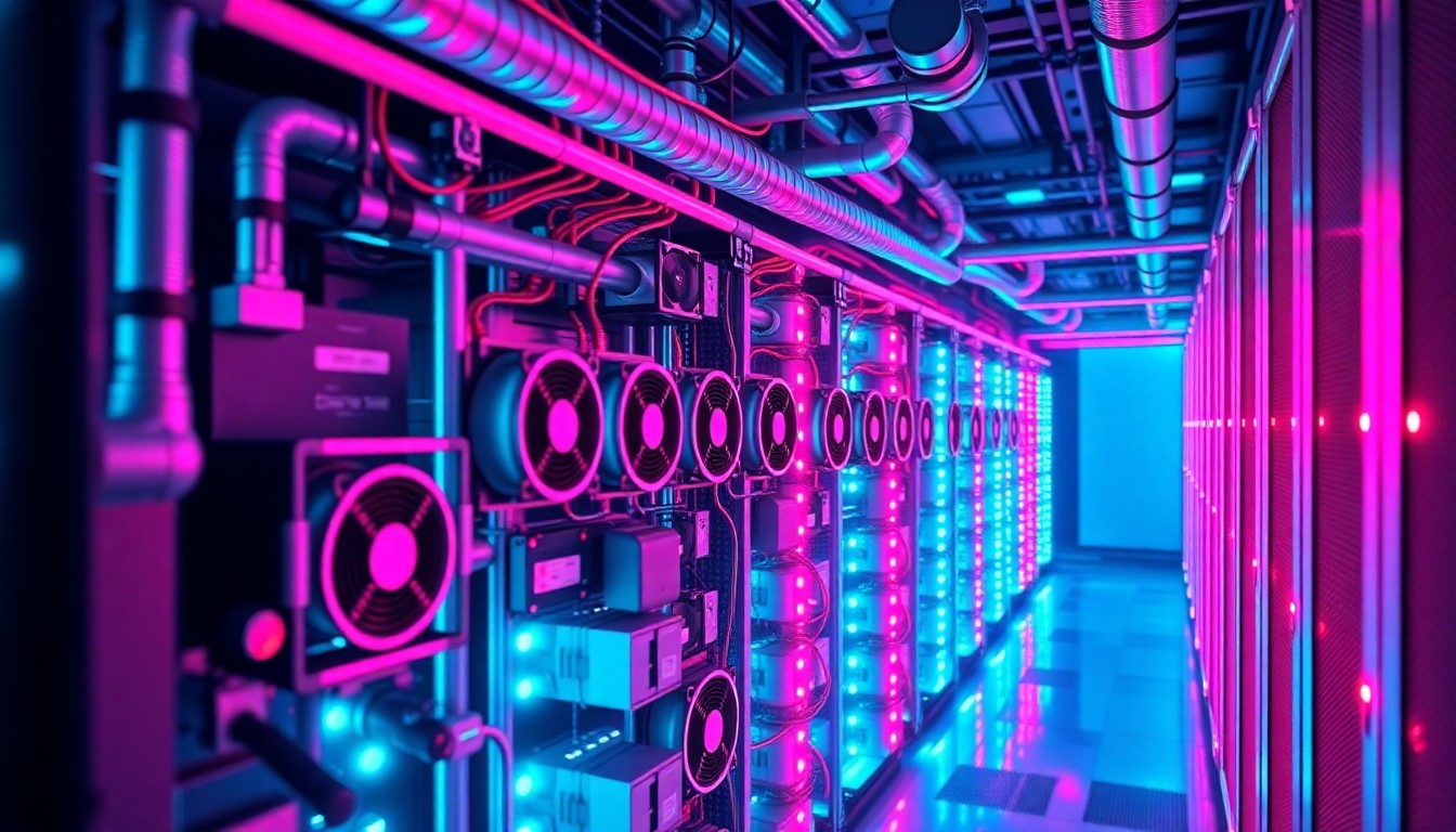 A highly detailed, glowing 3D illustration of the complex cooling infrastructure inside a data center, with neon blue and pink lights illuminating the intricate network of pipes, fans, and heat exchangers, conceptually representing the energy-intensive nature of modern data centers.