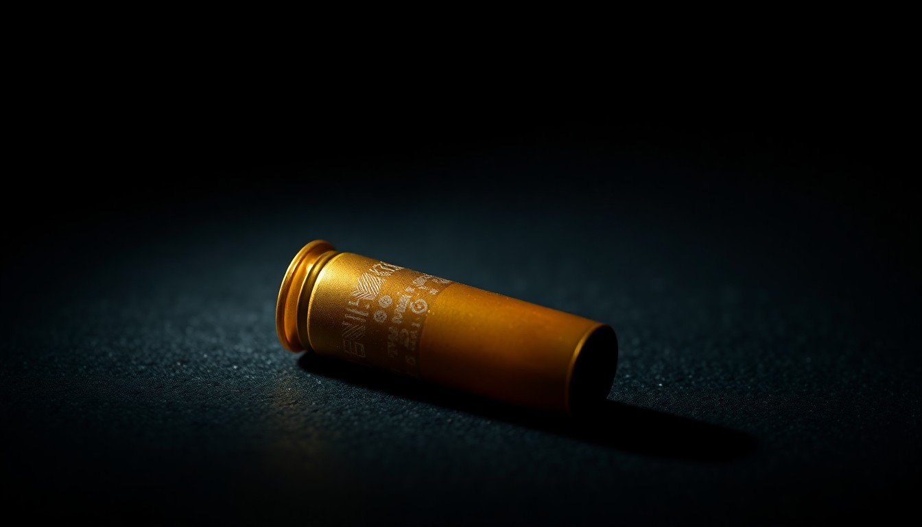 An extreme close-up photograph of a single spent shell casing on a dark, textured surface, lit by a harsh, direct camera flash, conceptually representing the evidence gathered at the scene of a homicide.