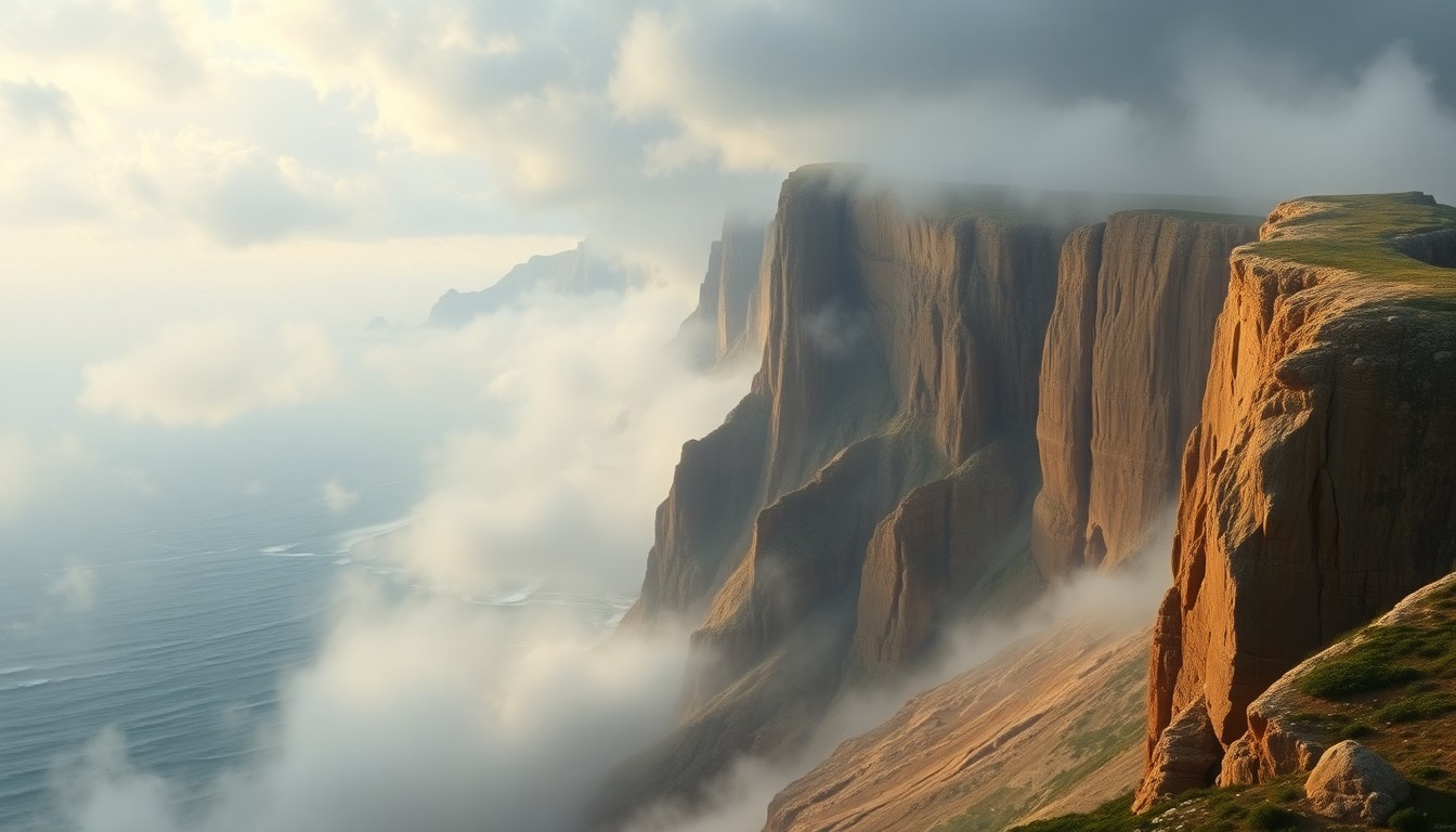 A vast, atmospheric landscape painting depicting the dramatic, weathered cliffs of Sunset Cliffs in San Diego, shrouded in heavy fog and dramatic lighting that dwarfs any human presence, conveying the overwhelming scale and power of the natural environment.