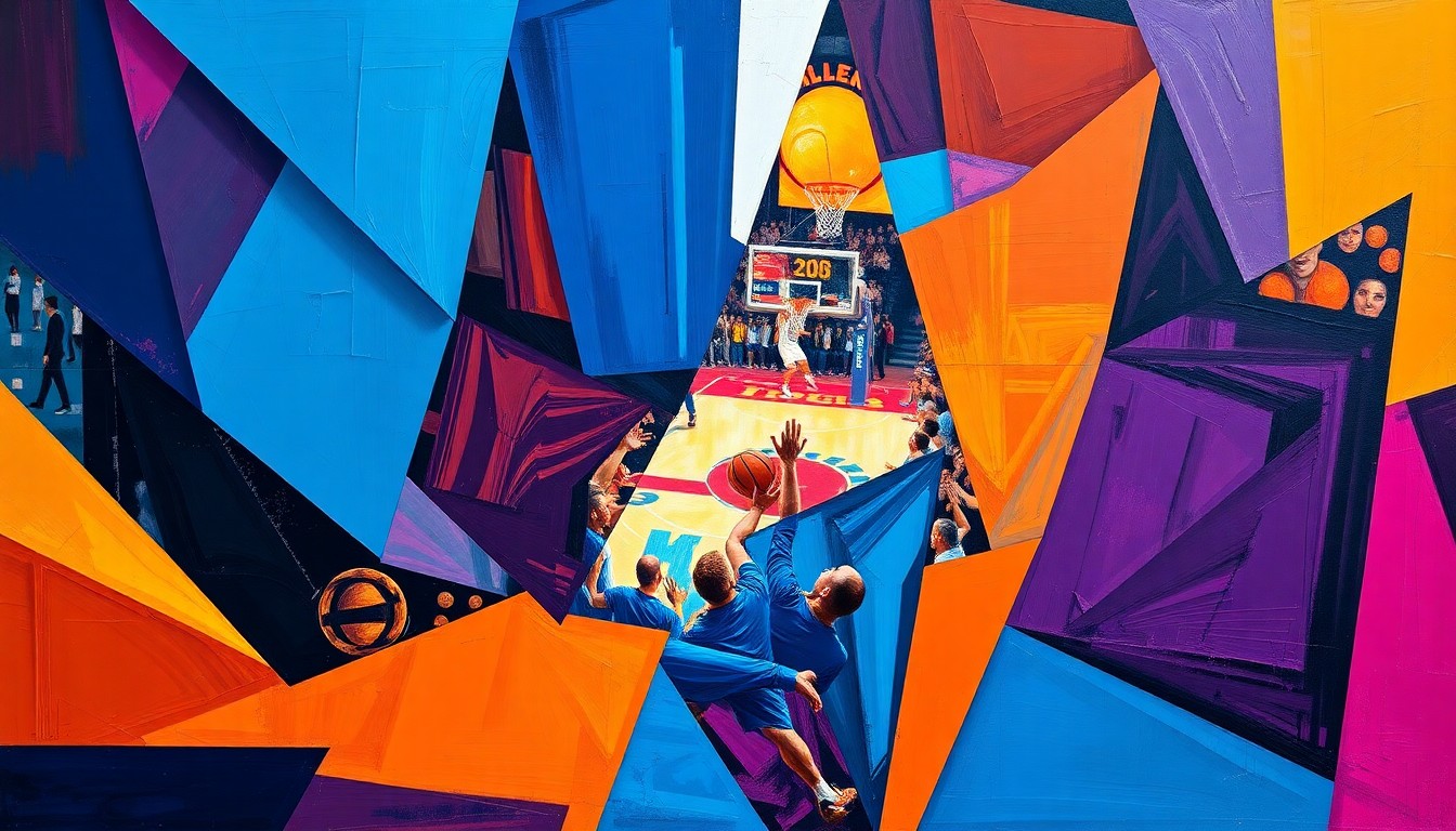 A fragmented, cubist-style painting depicting the chaotic energy of an NBA playoff game, with players' bodies and the basketball court broken down into sharp, overlapping geometric shapes in a vibrant color palette.