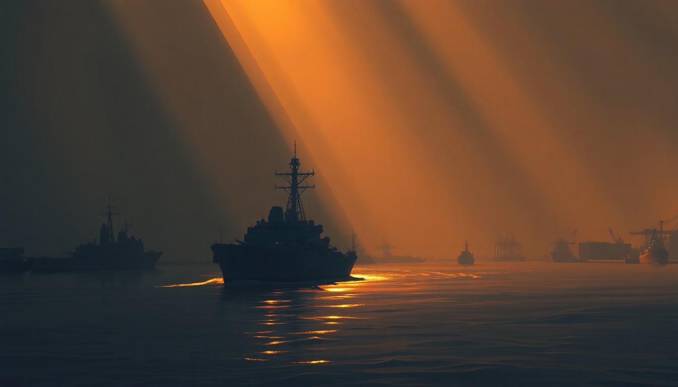 A serene, cinematic painting depicting a lone Navy ship sailing into the Port of Houston, with the city's skyline visible in the background, all bathed in warm, golden light and deep shadows, capturing the sense of civic pride and nostalgia surrounding the event.