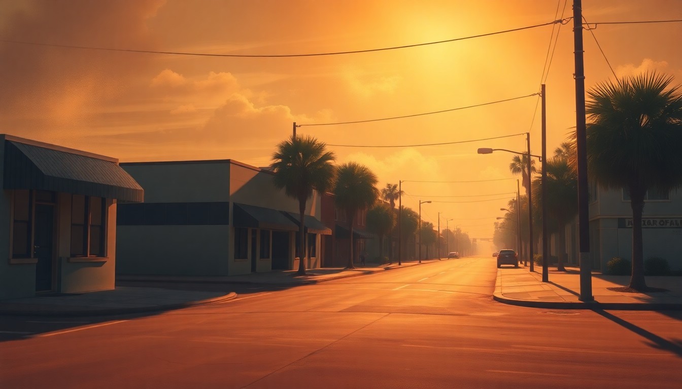 A serene, cinematic painting of an empty street corner in a small Florida town, with warm sunlight casting deep shadows across the pavement and buildings.