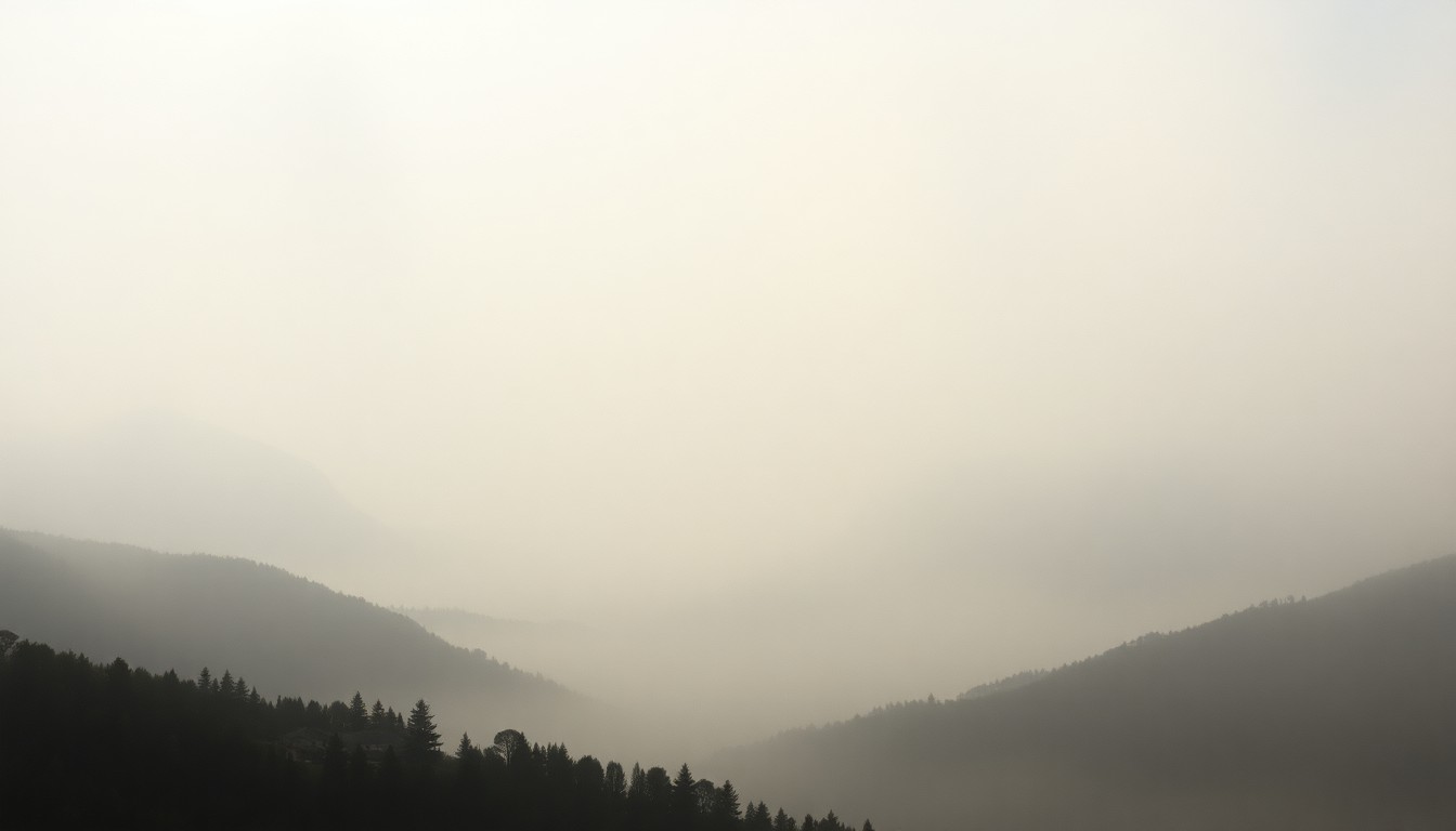 A sweeping, atmospheric landscape painting in muted tones, with a small town partially obscured by heavy fog, conveying the sense of the natural world's sublime force.