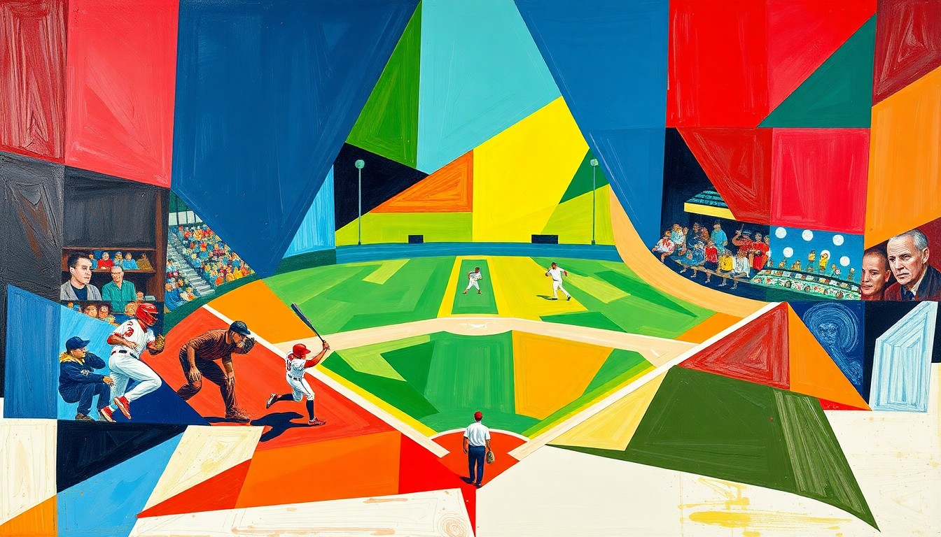 A vibrant, fragmented painting depicting a softball game in motion, with sharp planes of color and overlapping geometric forms representing the energy and competitive spirit of the matchup between the two Maine programs.