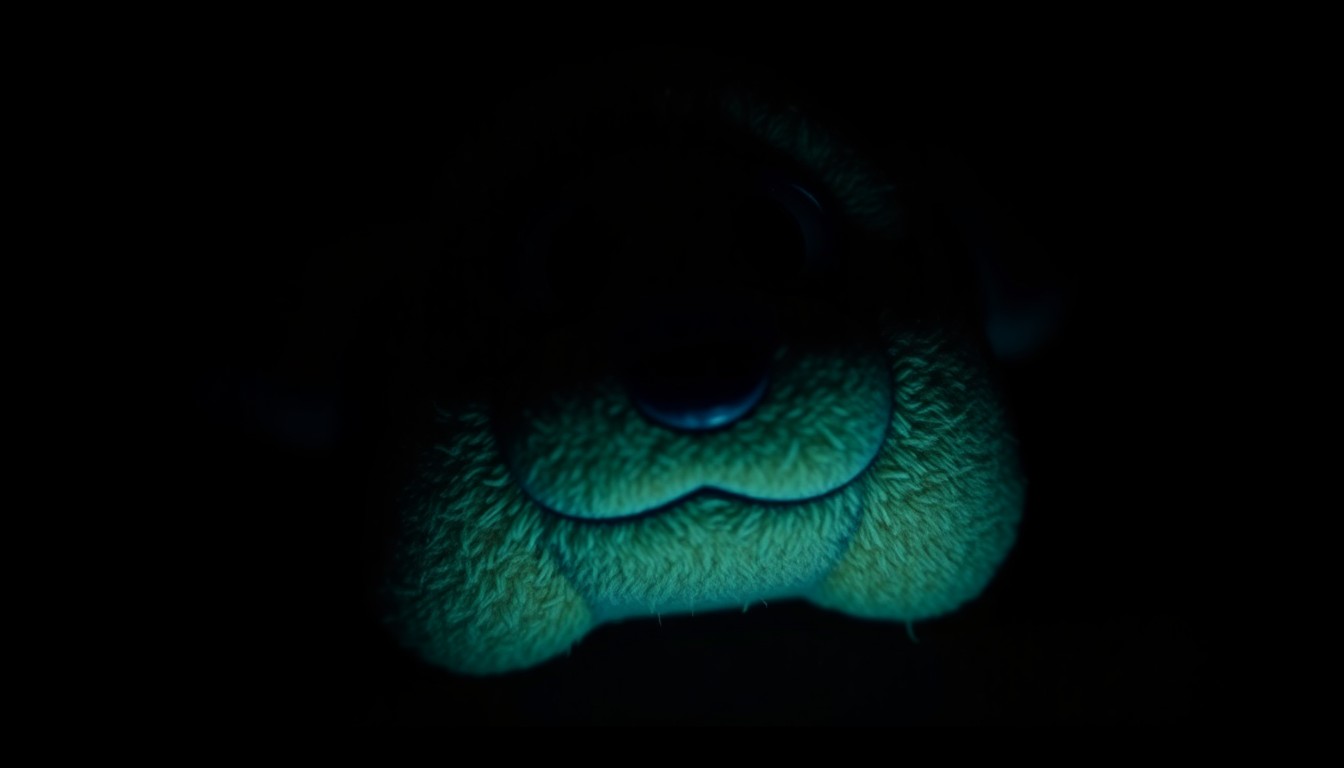 An extreme close-up photograph of a worn, tattered stuffed animal against a pitch-black background, conveying a sense of darkness and trauma.