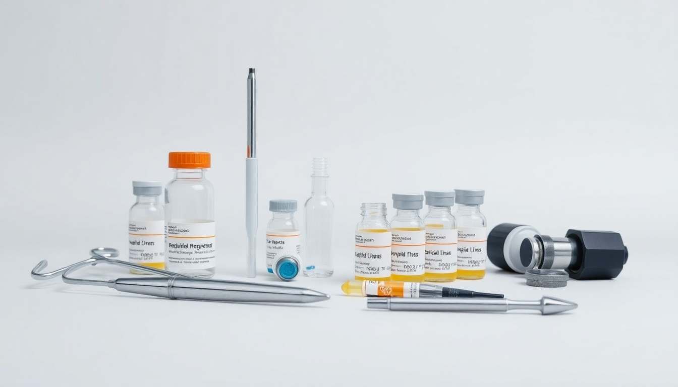A high-end studio still life photograph featuring a collection of polished medical instruments and drug vials, symbolizing the risks and complexities of pharmaceutical development and clinical trials.