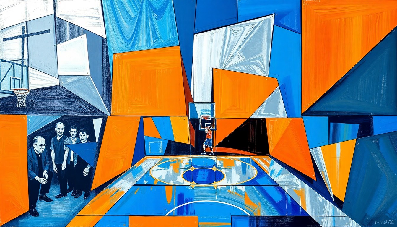 A cubist, geometric painting depicting a basketball game broken down into overlapping planes of vibrant blue, orange, and silver, conceptually representing the complex factors the Nets must consider in their rebuild.
