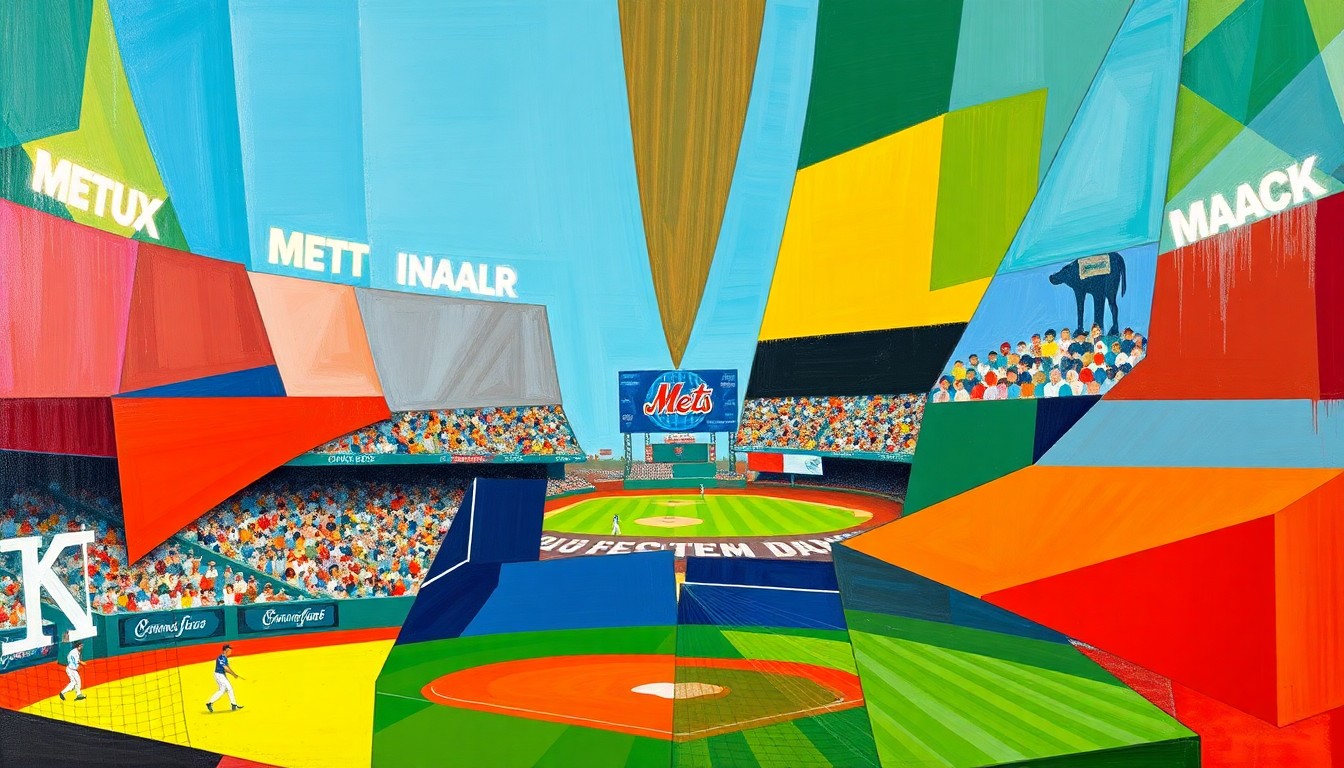 A fractured, cubist-style painting depicting a baseball game or match, with sharp, overlapping geometric shapes in the Mets' blue and orange colors as well as the colors of the opposing team, conveying the dynamic energy and uncertainty of the Mets' injury situation and the potential impact of Soto's return.
