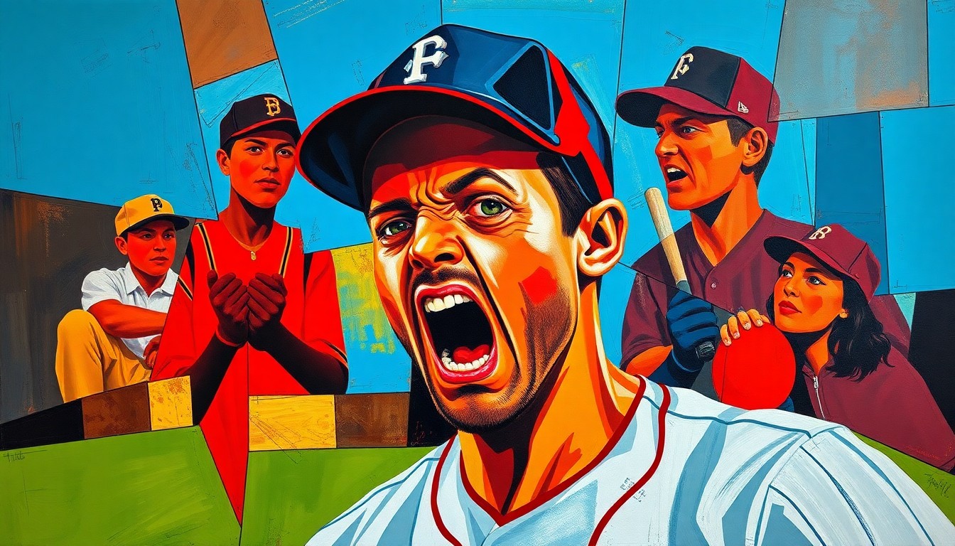 A cubist, geometric painting depicting a baseball player's angry reaction, with sharp, overlapping planes of vibrant red, blue, and orange colors conveying the raw emotion of the moment.