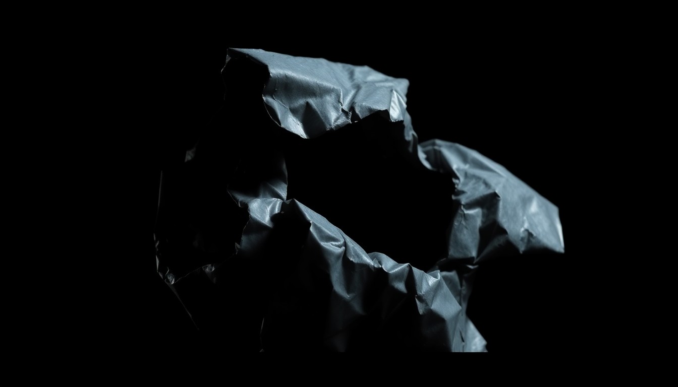 An extreme close-up photograph of a twisted, crumpled metal aircraft part, dramatically lit by a harsh flash against a dark background, conveying the gritty, investigative nature of this crime scene.