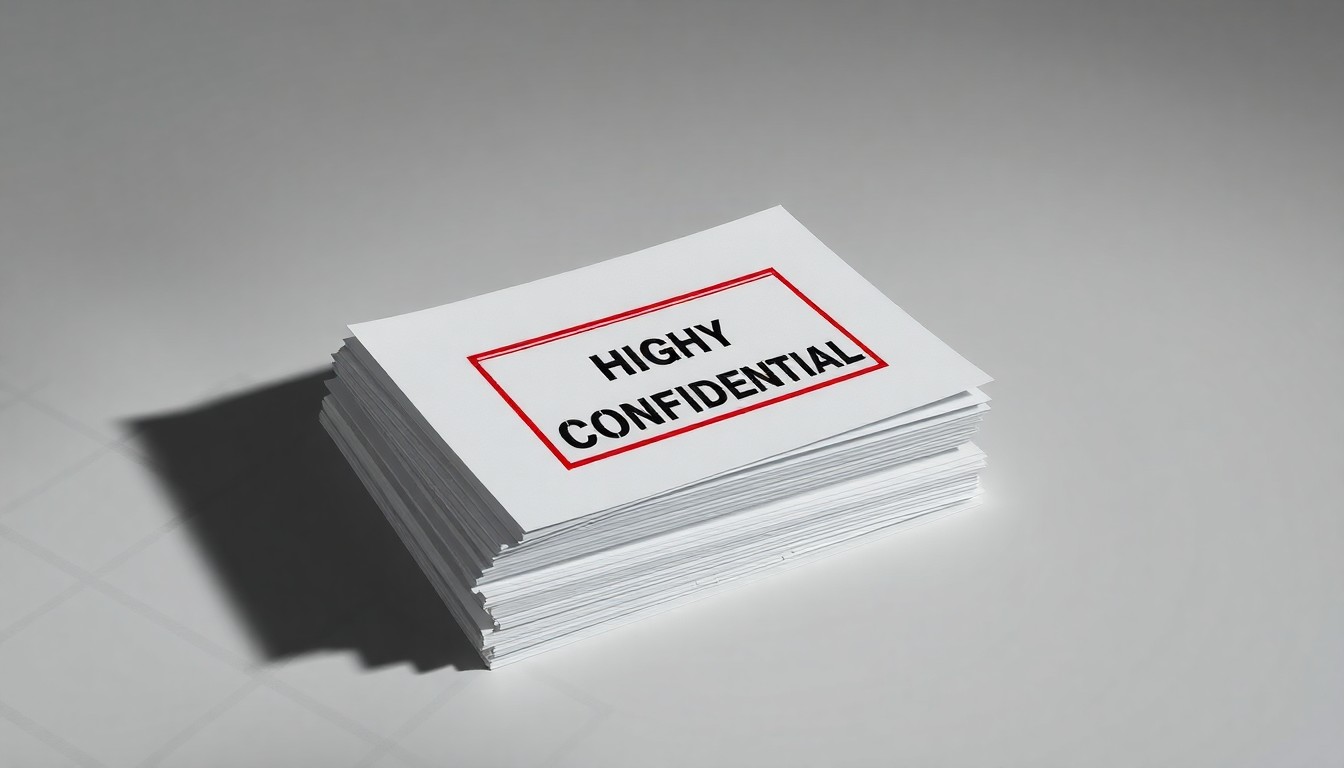 A photorealistic studio still life featuring a stack of official-looking documents with a 'Highly Confidential' stamp, shot against a clean, monochromatic background with dramatic lighting and deep shadows, conceptually representing the abstract corporate strategy and regulatory uncertainty surrounding the proposed railroad merger.