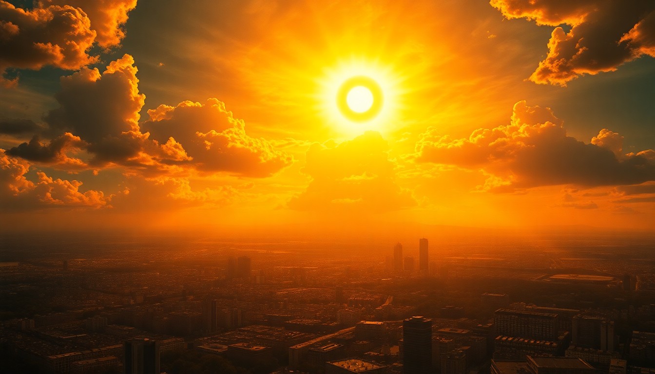 A sweeping, atmospheric landscape painting depicting the city of Philadelphia in the distance, dwarfed by the overwhelming presence of a sun-drenched sky and dramatic, hazy light. The scene conveys the sublime power of the natural environment during an unexpected heat wave.