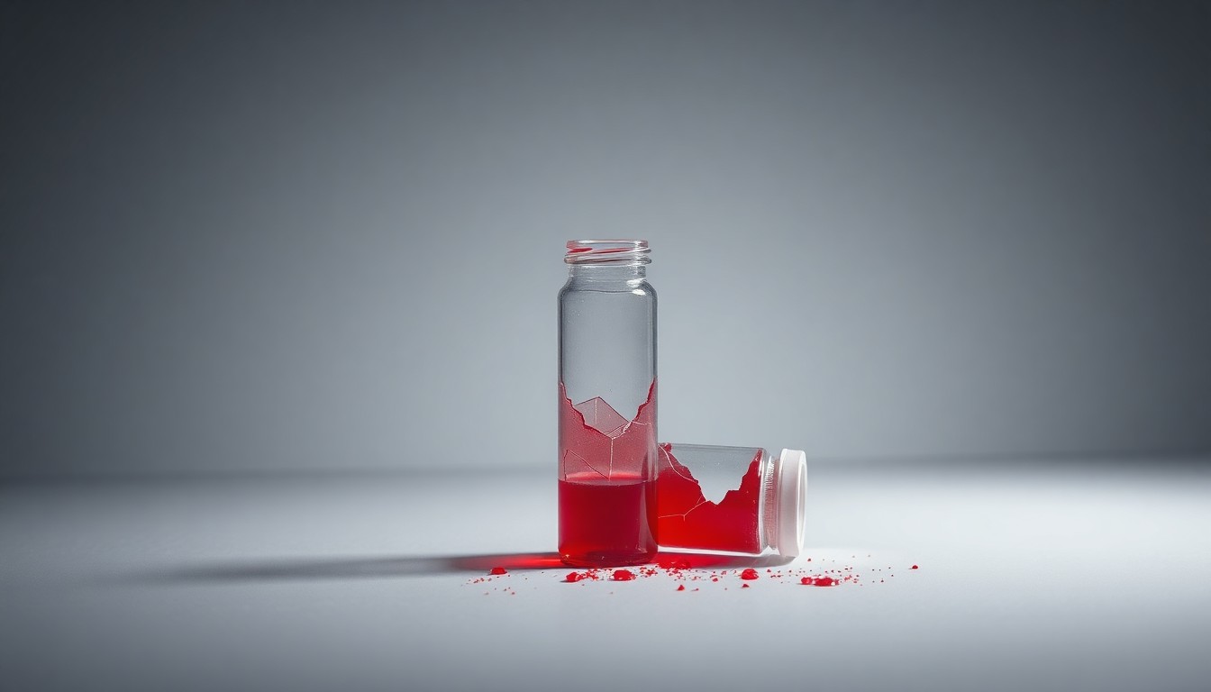A high-end, photorealistic studio still-life photograph featuring a shattered glass vial with a faint red liquid inside, arranged elegantly on a clean, monochromatic grey background with sharp, dramatic lighting and deep shadows, conceptually representing the corporate risks and financial fallout from ImmunityBio's alleged misleading marketing practices.
