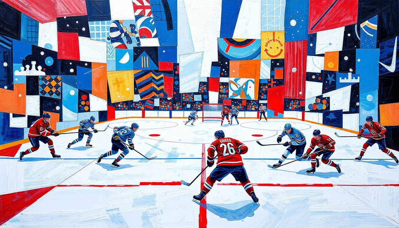 A cubist, geometric painting depicting a hockey game in motion, with fragmented players, sticks, and the puck breaking apart and reforming across the canvas in a dynamic, high-energy composition.