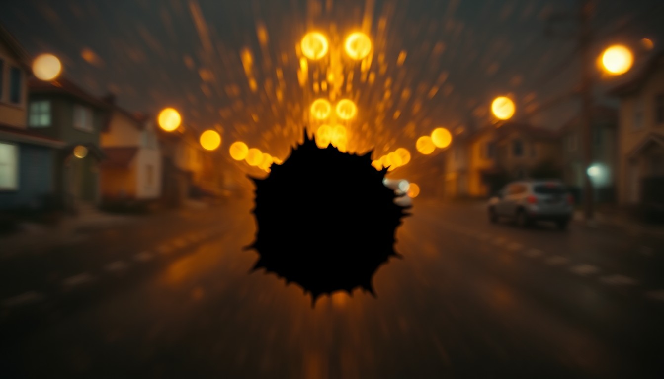 An abstract, impressionistic scene of a dimly lit street, with a large, dark void in the center representing a dangerous hole that has gone unaddressed, surrounded by blurred, warm-toned houses and streetlights, conveying a sense of unease and neglect.