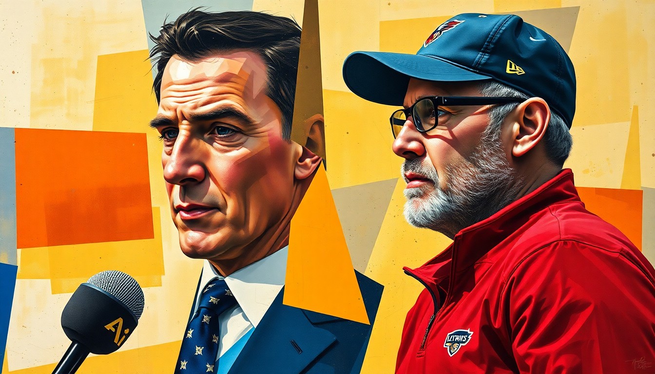 A cubist-style painting featuring sharp, overlapping geometric shapes in muted tones, conceptually representing the blurred lines between a sports reporter and a coach.