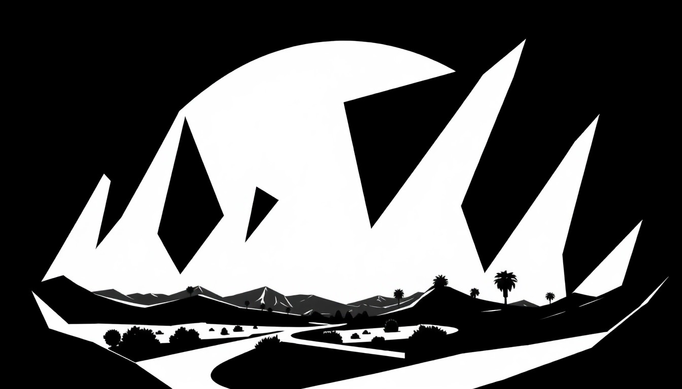 A bold, abstract composition of geometric black and white shapes, conceptually representing the filmmaking process and the Coachella Valley setting.