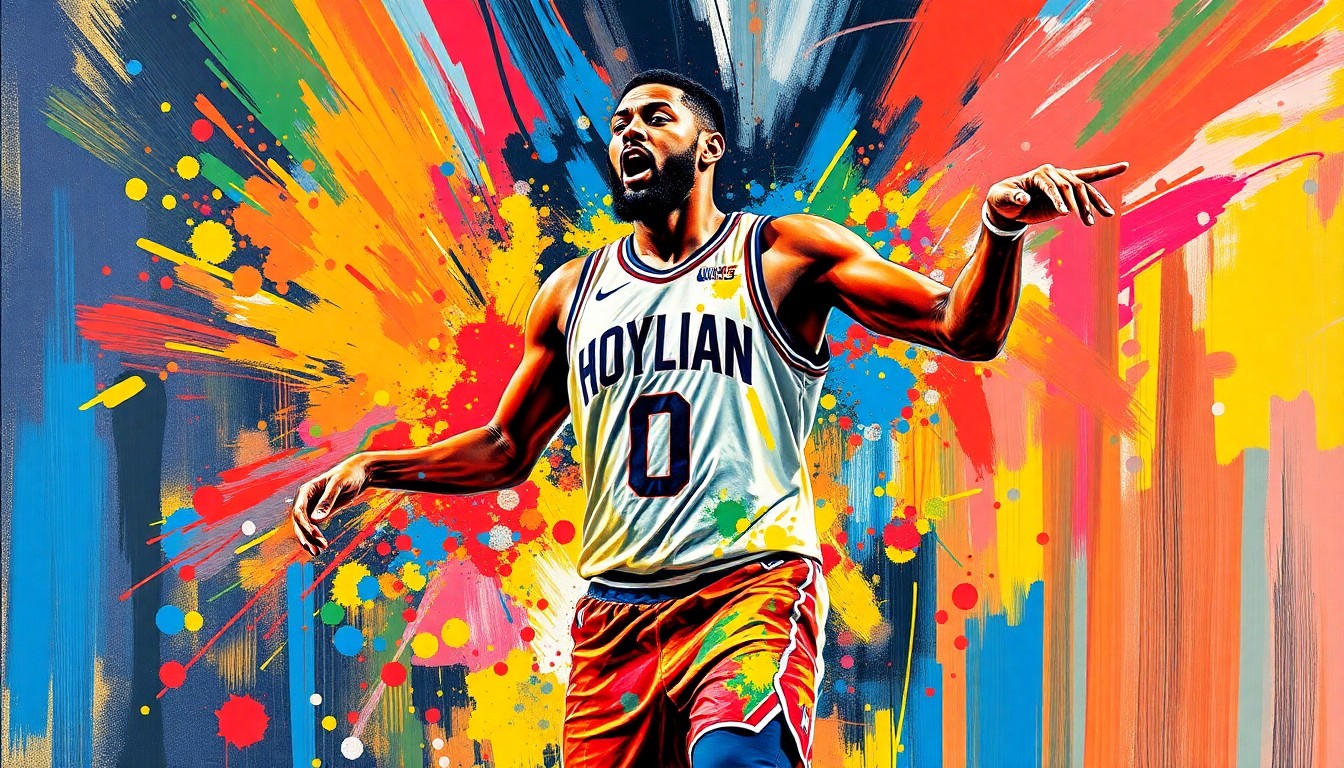 An extreme close-up of Jaylen Brown's feet in mid-tap, with vibrant neon brushstrokes and splatters of color capturing the raw energy and grace of his movements.