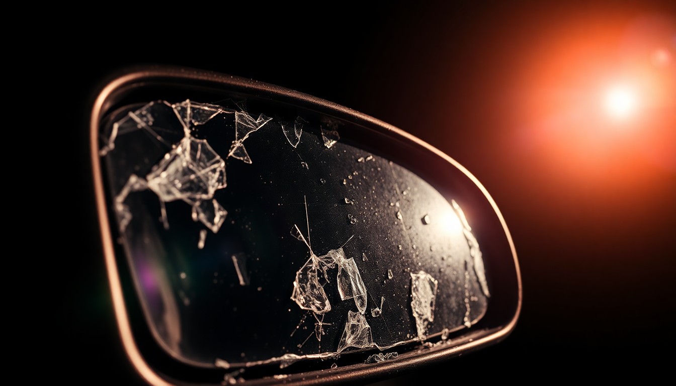 An extreme close-up photograph of a damaged car side mirror or broken glass from a vehicle collision, lit by a harsh, direct camera flash against a pitch-black background, conveying the stark, gritty aftermath of a serious traffic incident.