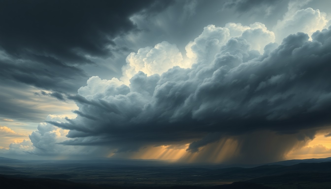 A vast, atmospheric landscape painting depicting a massive, ominous thunderstorm system dominating the skyline, with dark clouds and dramatic lighting dwarfing any visible structures or landmarks in the distance.