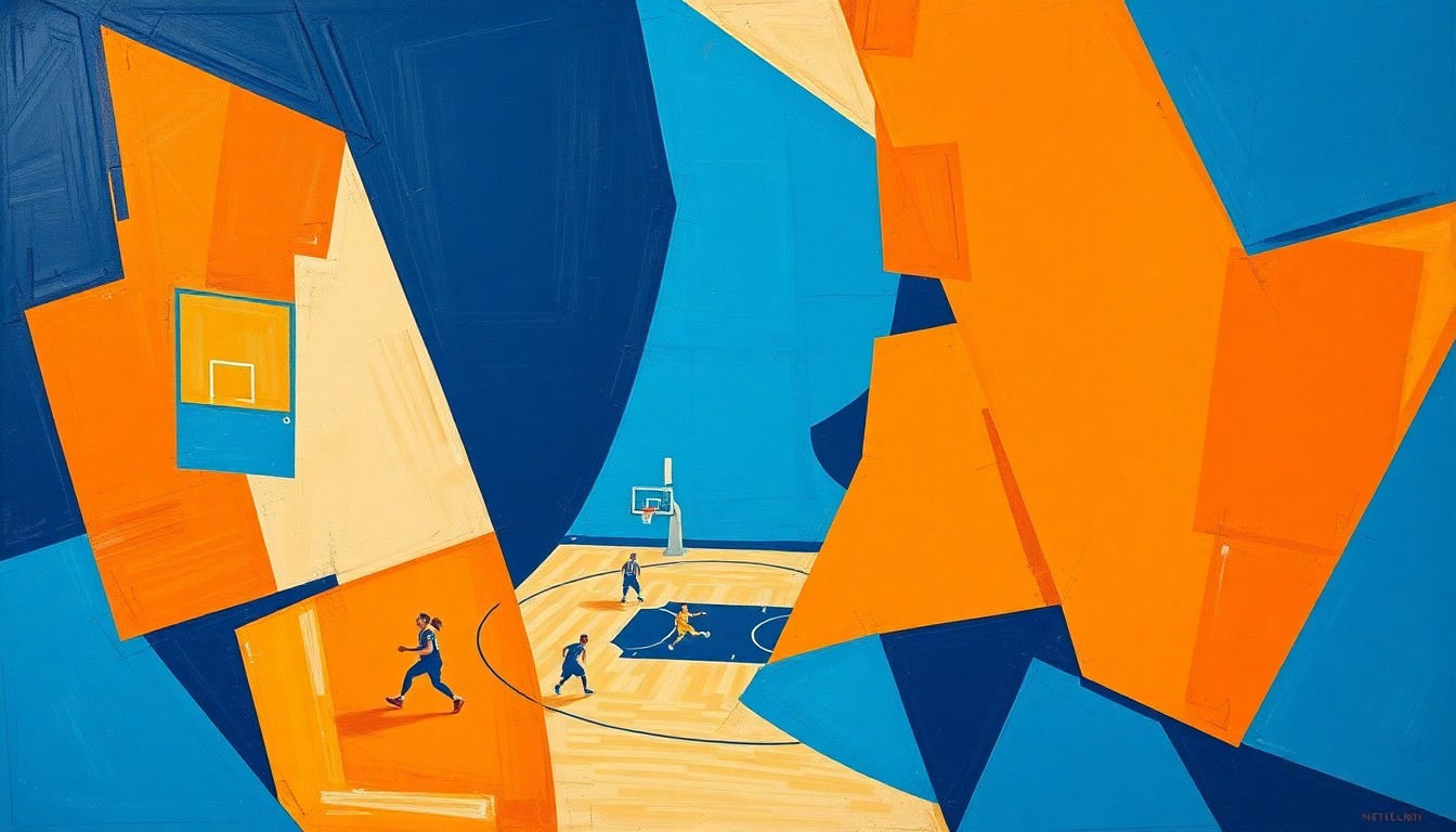 A cubist, geometric painting depicting a fragmented WNBA basketball game, with sharp planes of navy, sky blue, and bright orange colors overlapping to create a dynamic, multi-perspective visual representation of the sport.
