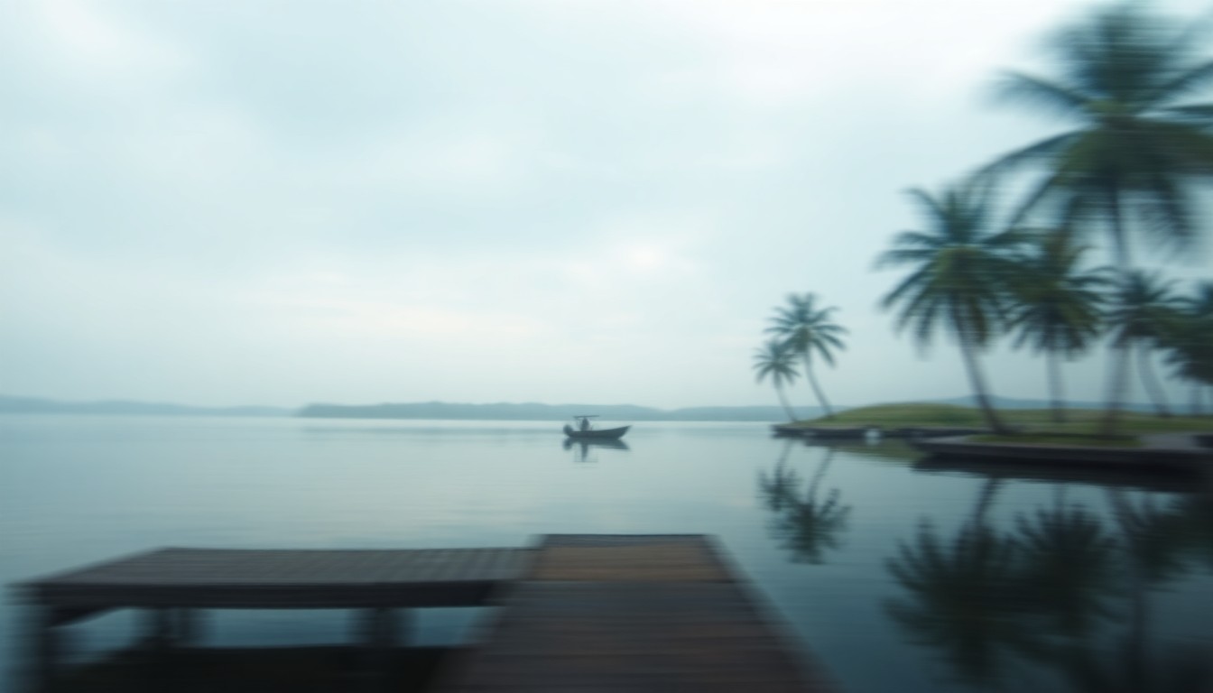 An extremely blurred, out-of-focus photograph depicting a serene riverside scene with a wooden dock, a small boat, and the silhouette of palm trees reflected in the still water, conceptually representing the peaceful, natural setting of the waterfront home.