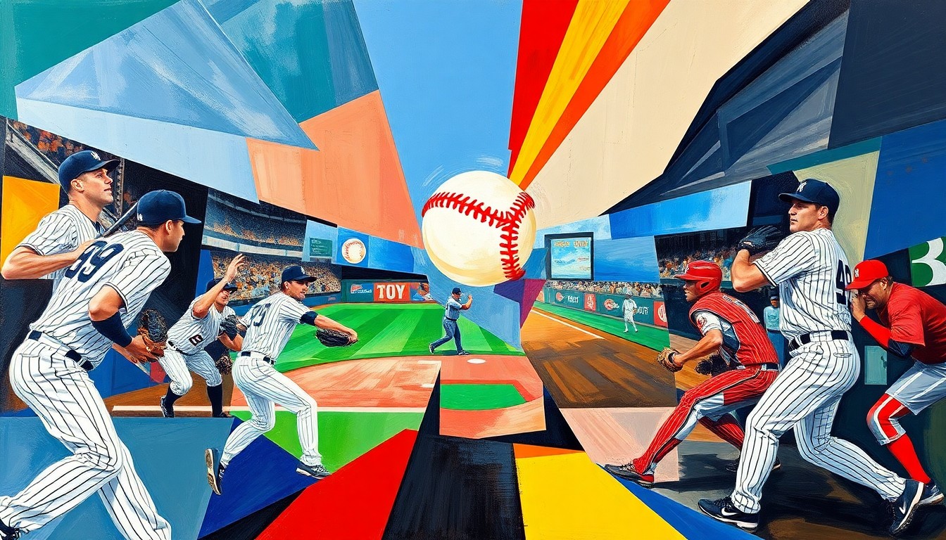 A cubist, geometric painting depicting the final moments of the Yankees' comeback victory against the Angels, with the players' movements and the ball's trajectory broken down into sharp, angular forms in a vibrant color palette.