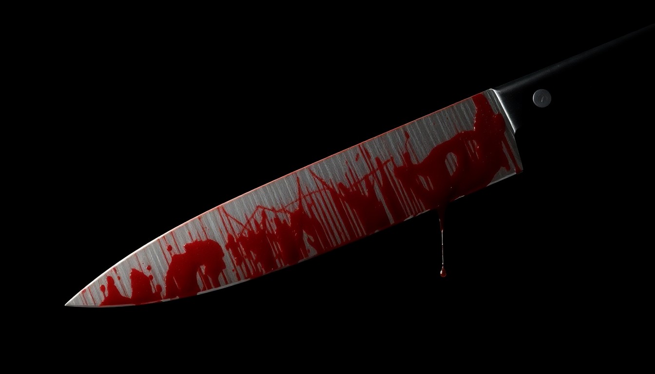An extreme close-up of a bloodied knife blade, captured in stark contrast against a pitch-black background using harsh, direct flash photography to create a somber, investigative mood without words.