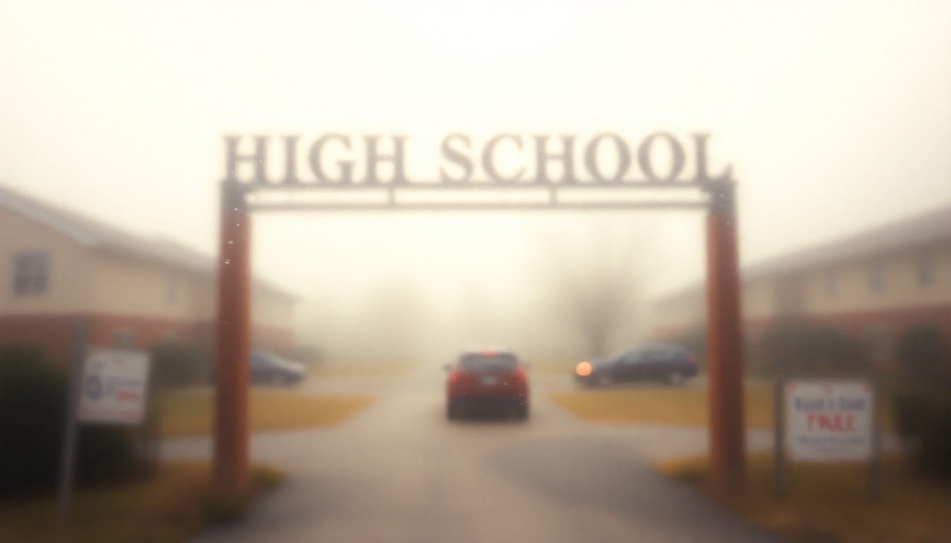 An impressionistic, out-of-focus photograph in warm tones depicting the blurred outline of a high school gate and the surrounding neighborhood, conveying the complex emotions and perspectives surrounding this community issue.