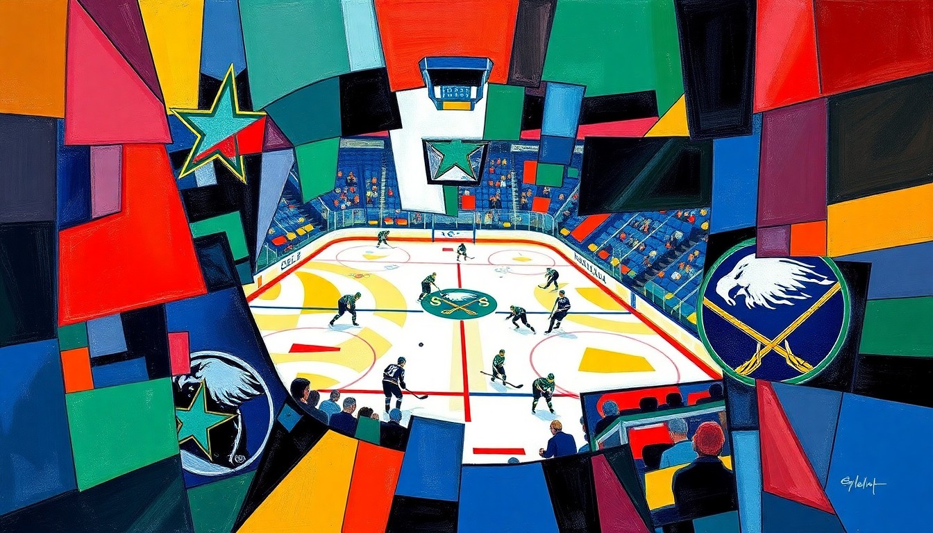 A fractured, multi-perspective painting depicting a hockey game between the Dallas Stars and Buffalo Sabres, with the players and action broken down into sharp, overlapping geometric shapes in the team's official colors.