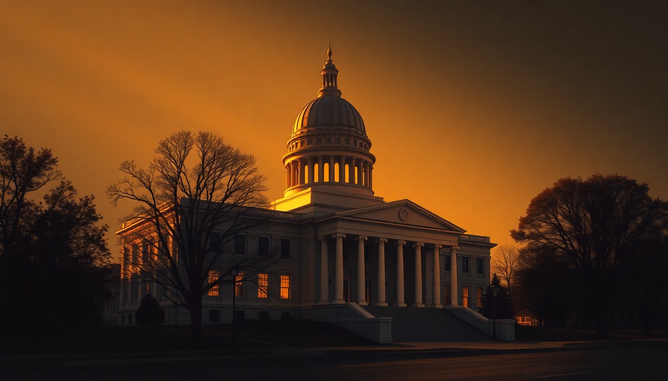 A serene, cinematic painting of the Kentucky State Capitol building, its grand architecture and columns illuminated by warm, diagonal sunlight, conveying a sense of political tension and uncertainty.