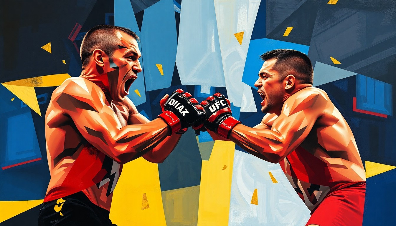 A cubist-style painting depicting a mixed martial arts match, with the fighters' forms broken down into sharp, overlapping geometric shapes in a vibrant color palette of navy, crimson, and gold.