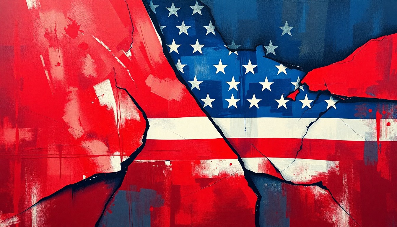 An abstract, fragmented painting in red, white, and blue hues, representing the uncertainty and instability surrounding the U.S. government's approach to Iran.
