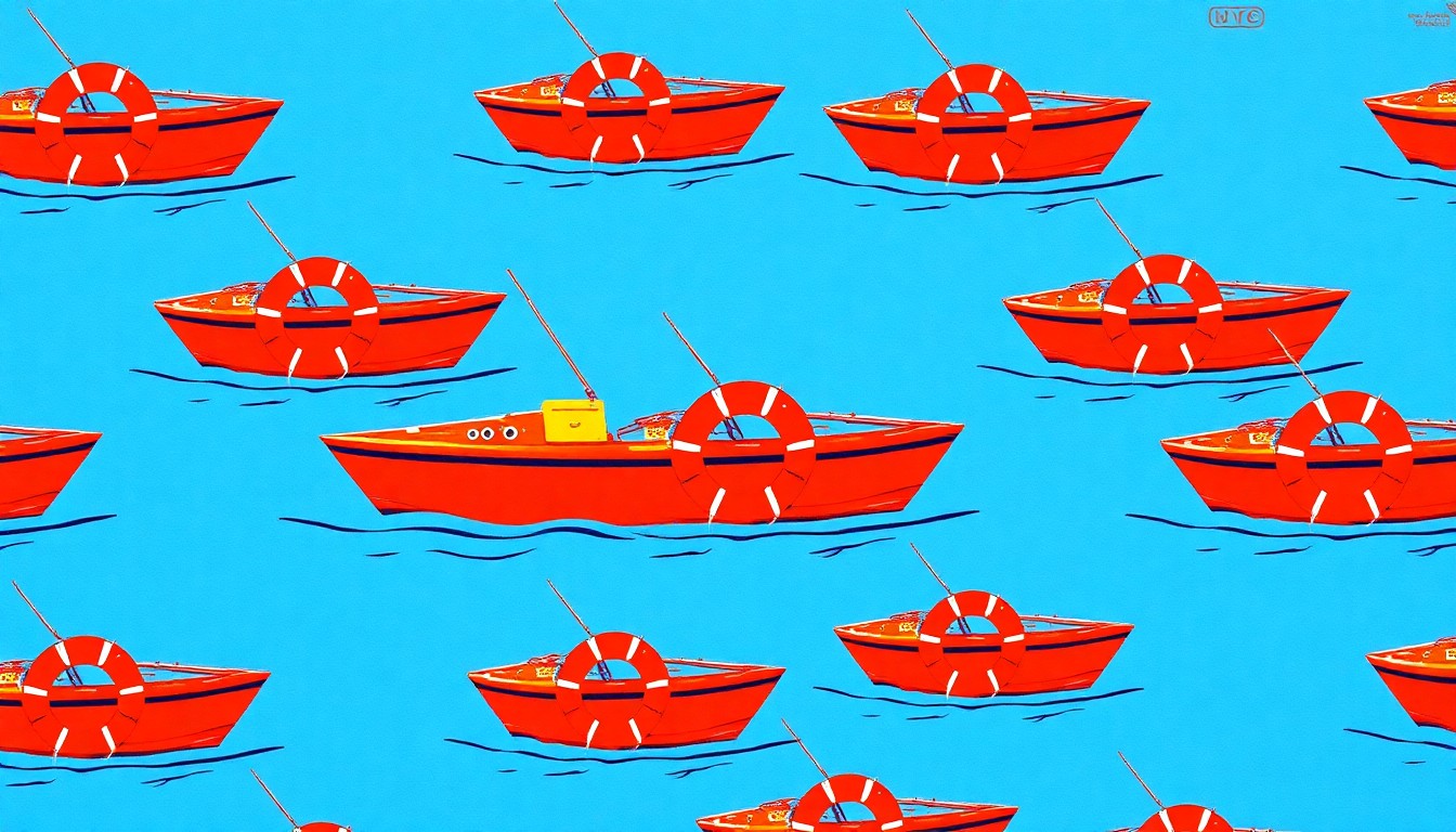 A vibrant, abstract grid of stylized fishing boats and life preservers in bright primary colors, conveying the heroic rescue of boaters in distress.