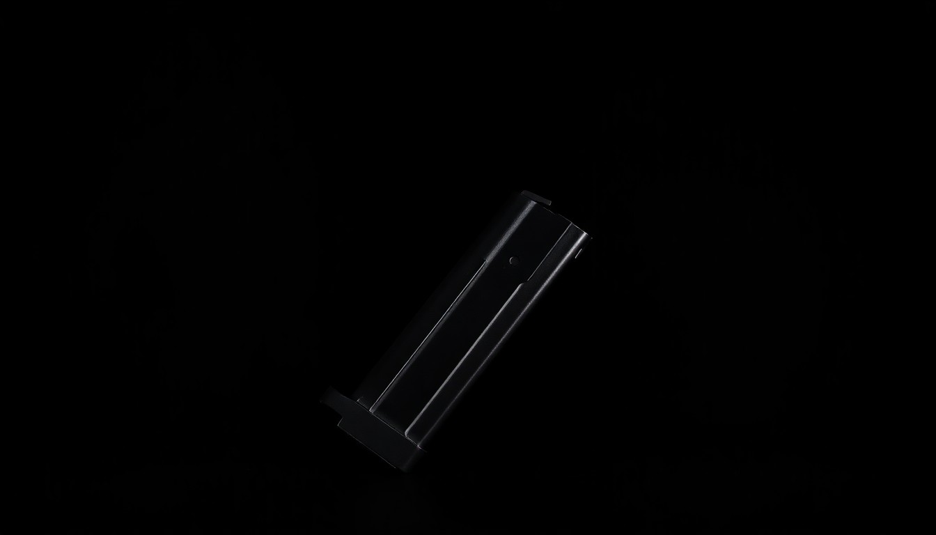 An extreme close-up photograph of a handgun magazine against a pitch-black background, conceptually illustrating the law enforcement focus on removing illegal firearms from circulation.