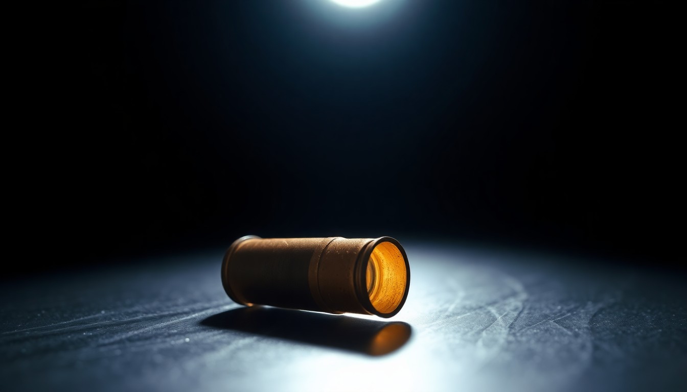 An extreme close-up photograph of a spent shell casing on a dark surface, lit by a harsh, direct camera flash, conceptually representing the physical evidence from a domestic violence incident.