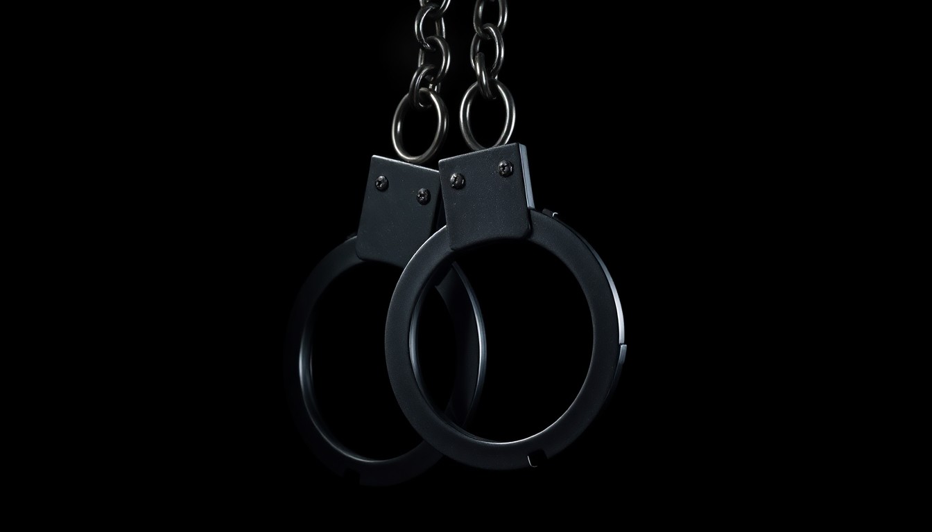 An extreme close-up photograph of a pair of handcuffs against a pitch-black background, lit by a harsh, direct camera flash. The metallic texture and dramatic shadows create a stark, gritty, investigative aesthetic.