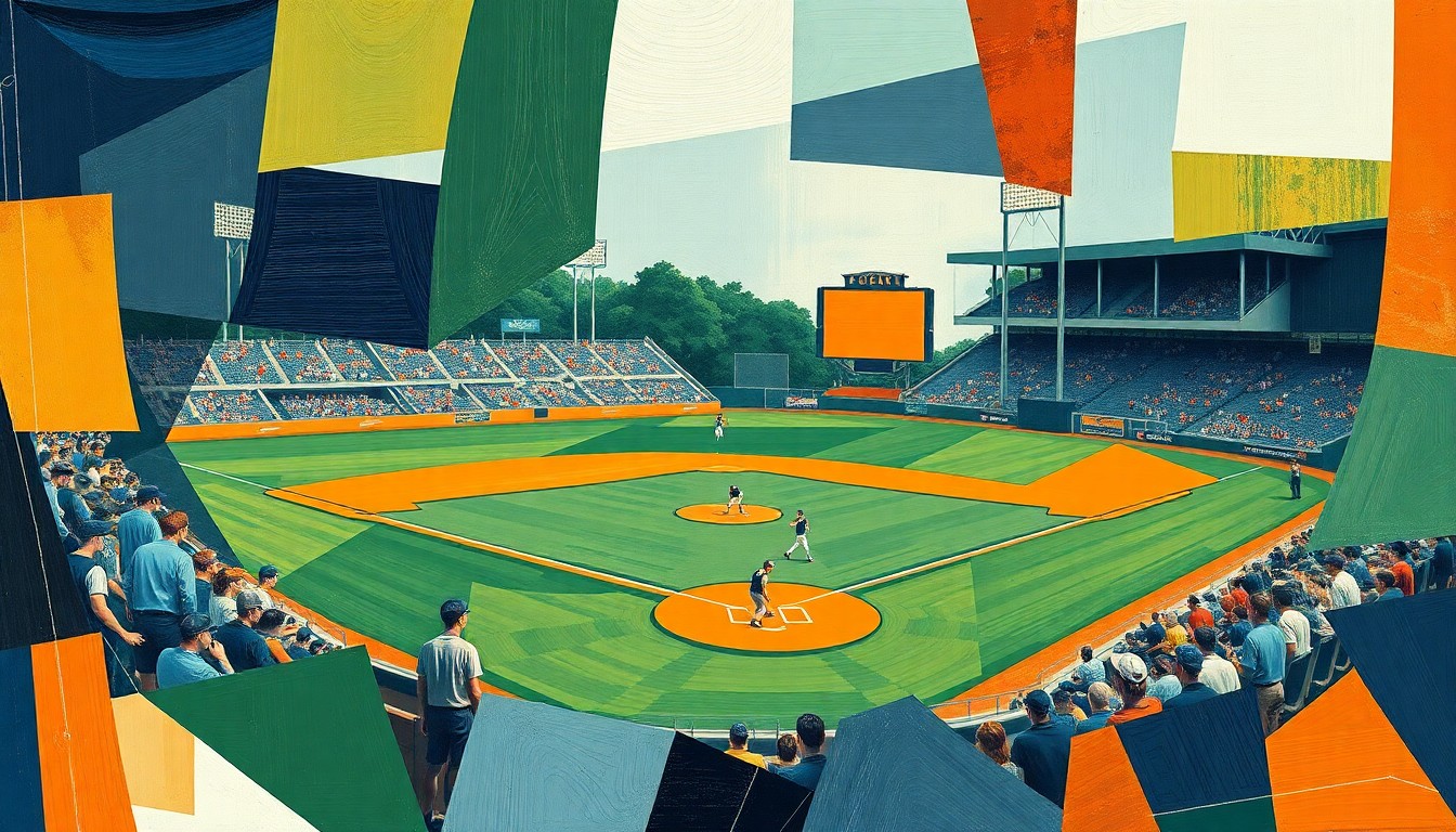 A fragmented, geometric painting depicting the dynamic action and competitive spirit of a high school baseball game, with sharp planes of navy, green, and orange hues.