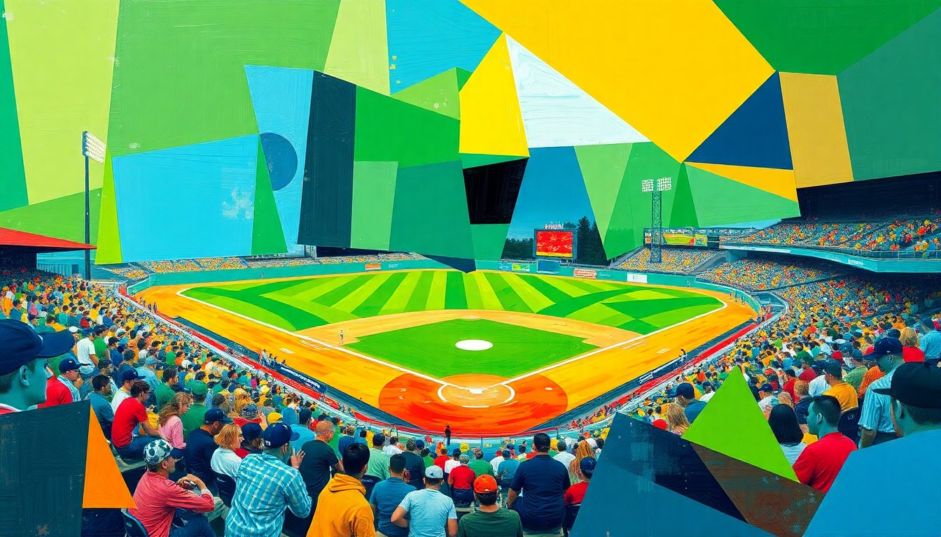 A cubist, geometric painting depicting a high school baseball game, with overlapping planes of bright green, blue, and yellow shapes representing the dynamic action on the field.