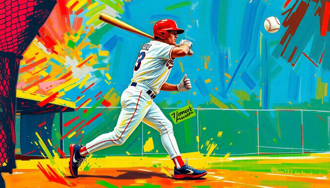 A dynamic, colorful painting featuring bold, energetic brushstrokes that capture the explosive power and motion of a baseball player's swing, conceptually representing Elly De La Cruz's game-changing home run.